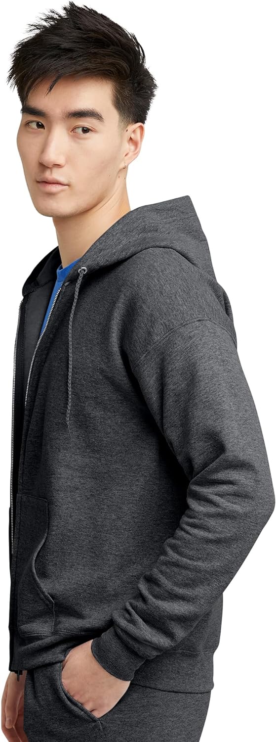 Hanes Men's Hoodie, EcoSmart Fleece Zip-Front Hooded Sweatshirt, Cotton-Blend Fleece Hooded Sweatshirt, Mid-Weight Zip-Up, Charcoal Heather, S