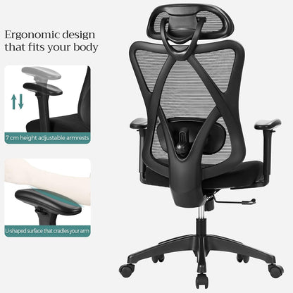 SONGMICS Office Chair, Ergonomic Desk Chair, Computer Chair, Mesh Chair, Adjustable Lumbar Support and Headrest, 150 kg, Height-Adjustable, Black OBN063B01