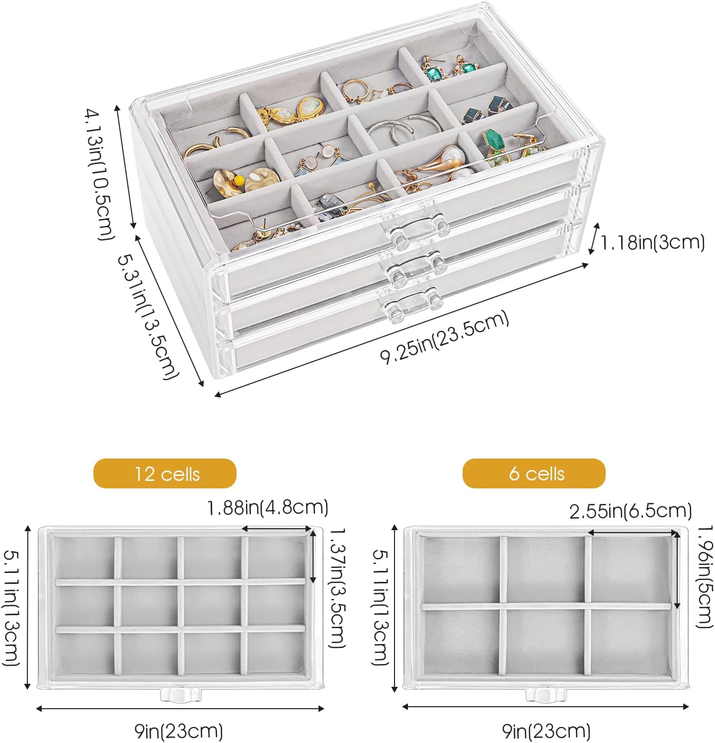 ProCase Earring Organizer Jewelry Organizer Box with 3 Drawers, Acrylic Stackable Jewelry Holder Clear Earring Storage Case with Adjustable Velvet Trays for Women on Dresser Vanity -Grey, 3 Layers