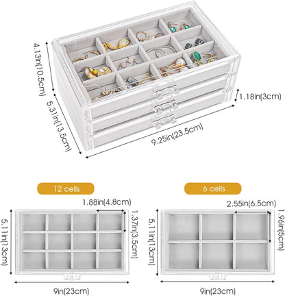 ProCase Earring Organizer Jewelry Organizer Box with 3 Drawers, Acrylic Stackable Jewelry Holder Clear Earring Storage Case with Adjustable Velvet Trays for Women on Dresser Vanity -Grey, 3 Layers