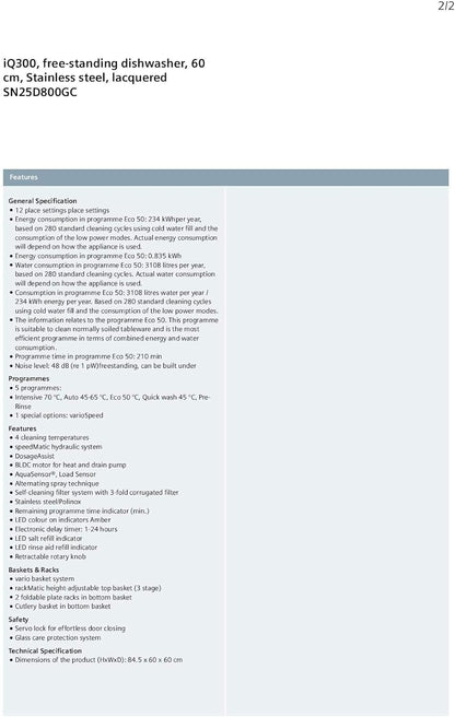 Siemens 5 Programs 12 Place Settings, Free Standing Dishwasher, Silver Sn25D800Gc."Min 1 year manufacturer warranty\