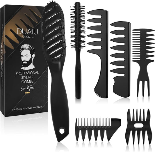 Hair Brush Men Styling Set,DUAIU Mens Hair Combs Styling Brush 7pcs,Curved Vented Paddle Brush,Quiff Round Hair Brush,Wide Tooth Comb,Texture Comb for Blow Drying,Slick Back,Detangling,Hairdressing