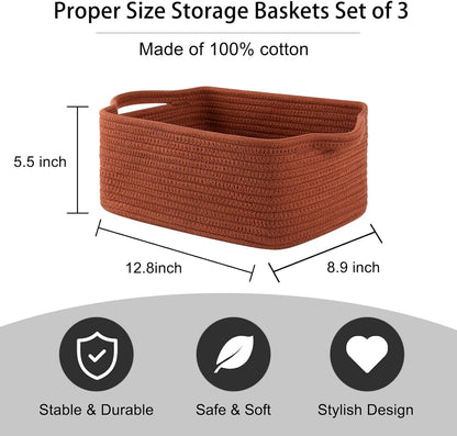 OIAHOMY Cotton Rope Baskets, Woven Baskets for Storage, Nursery Storage Baskets, Rectangle Storage Basket with Handles, Storage Baskets for Shelves, Pack of 3, Brown Variegated