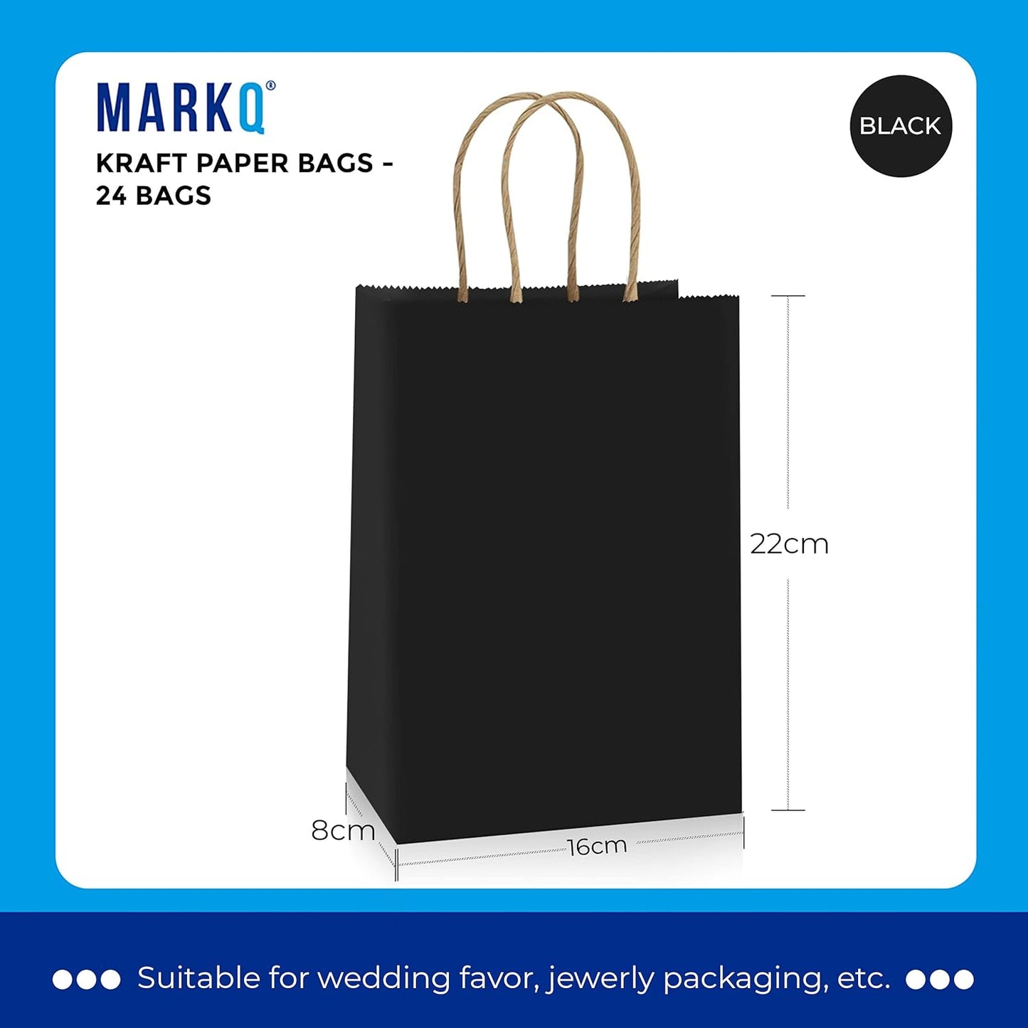 MARKQ 24 Bags Black Paper bags with handles 15 x 11 x 6 cm Small Gift bags for Birthday Party Favors, Weddings, Retail, Shopping, Bridal Shower