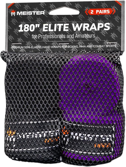 Meister ELITE 180" Premium Adult Hand Wraps for MMA & Boxing - 2 Pair Pack w/Mesh Bag