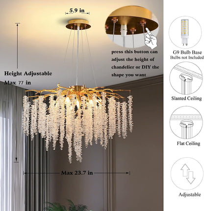 Puvaue Modern Crystal Tree Branches Chandeliers Gold Luxury Round Raindrop Pendant Light Fixture 9 Light Tassel Ceiling Hanging Light for Dining Room Bedroom Living Room Entryway 23.7"