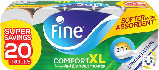 Fine Comfort XL Toilet Paper 2 Ply, 20 Rolls x 250 Sheets, Longer Lasting Absorbent Toilet Roll, Premium Silky Feel Softness Bathroom Tissue Sterilized for Germ Protection, 2 Ply Tissue Thickness