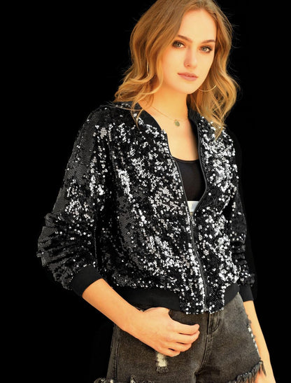 Allegra K Women's Halloween Sequin Sparkle Long Sleeve Zipper Bomber Jacket