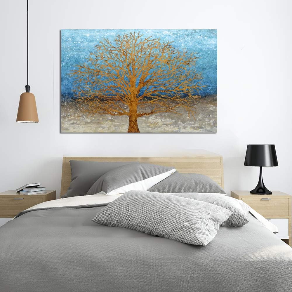 Yihui Arts Abstract Landscape Canvas Art Hand Painted 3D Tree Paintings with Gold Foil for Wall Decor Modern Artwork Pictures Living Room Bedroom Decoration