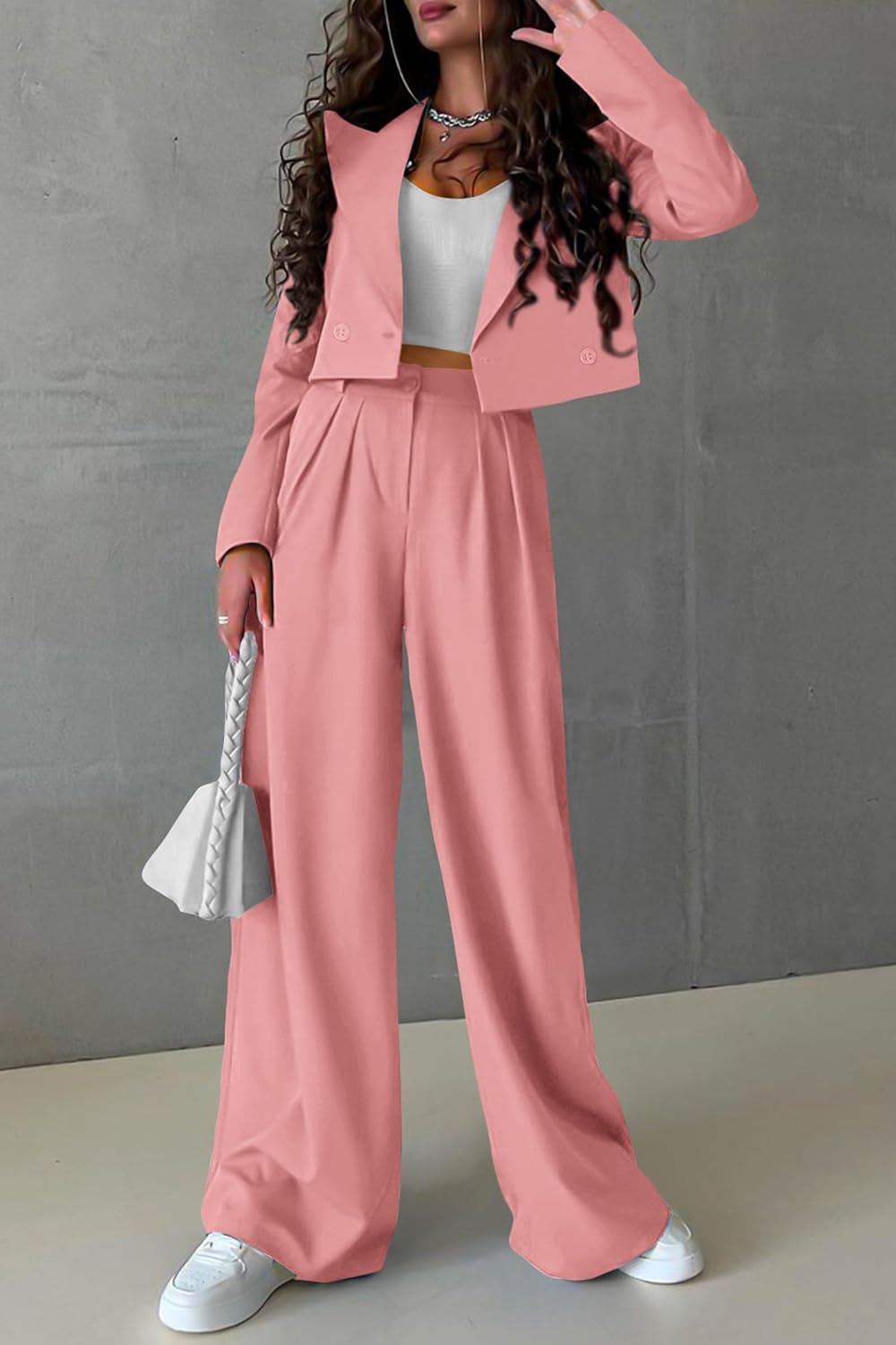 PRETTYGARDEN Women's 2 Piece Casual Outfits Cropped Blazer Jackets High Waisted Wide Leg Work Pants Suit Set