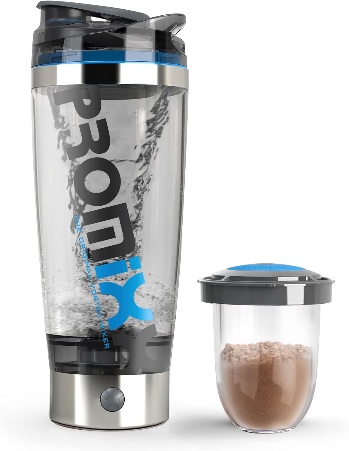 Promixx Pro Shaker Bottle (iX-R Edition) | Rechargeable, Powerful for Smooth Protein Shakes | includes Supplement Storage - BPA Free | 600ml Cup (Silver Blue/Gray)