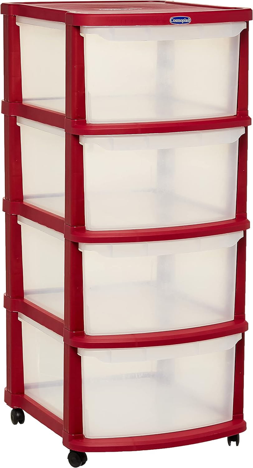 Cosmoplast 3 Tiers Multipurpose Storage Cabinet With Wheels, Dark Red With Translucent Drawers