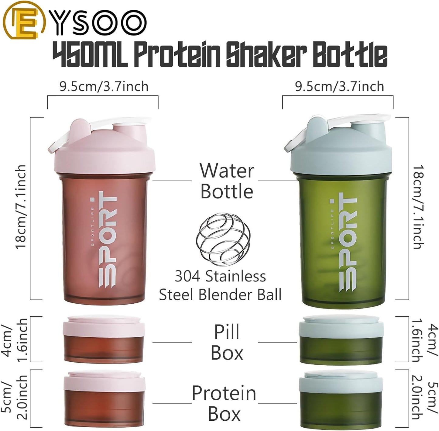 EYSOO Protein Shaker Bottle 2 Pack 500ml / 17oz Shaker Bottle for Protein Mixes Leak-proof BPA Free 3-Layer Protein Shaker with Supplement Pill Storage Container Gym Shaker Cup (Orange & Pink)