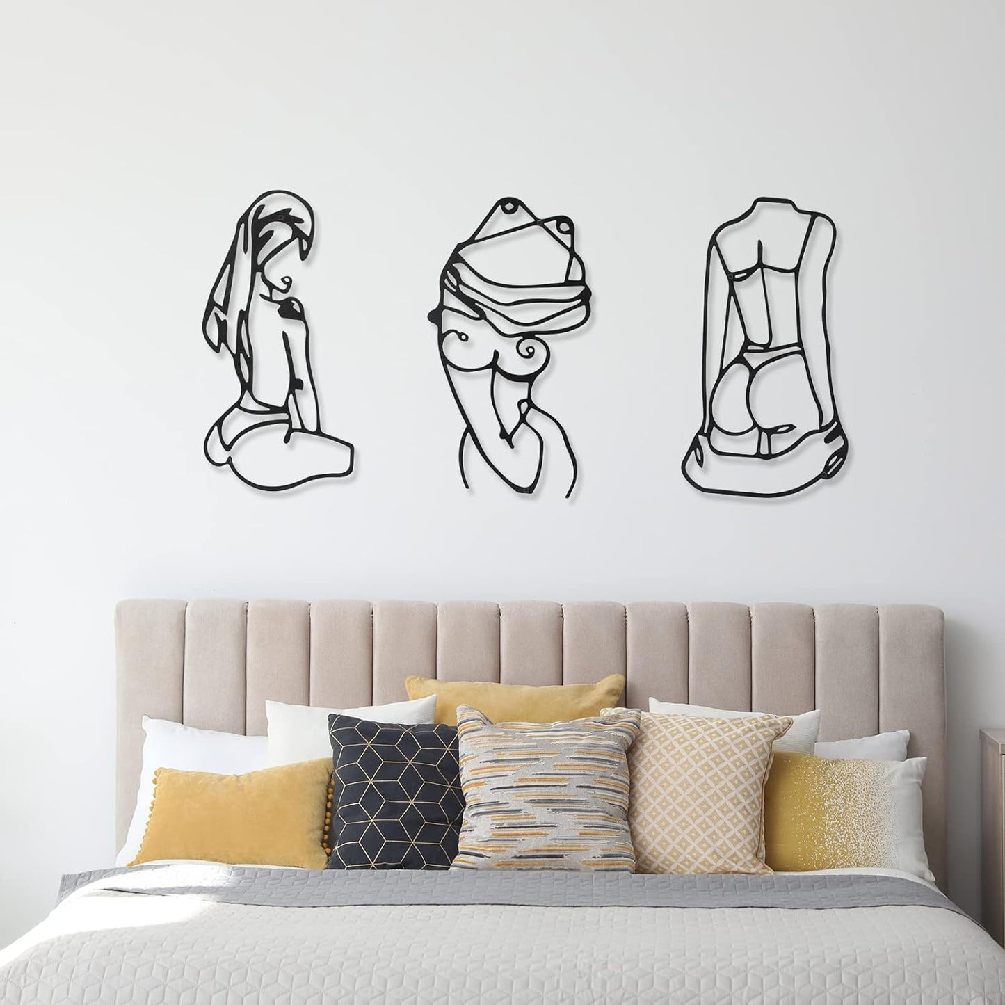 3 Pcs Metal Wall Art Decor Minimalist Abstract Woman Wall Art metal Modern Line Drawing Wall Art Decor Female Single Line Wall Home Hanging for Bedroom Kitchen Bathroom Living Room(Black, Modern)