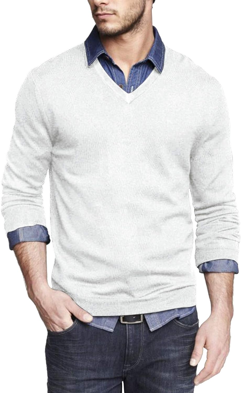 Coofandy Men Casual V Neck Sweater Ribbed Knit Slim Fit Long Sleeve Pullover Top