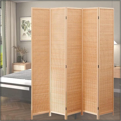 YATAI Wooden Room Dividers and Folding Privacy Screens 4 Panel Foldable Portable Fabric Room Separating Divider, Handwork Wood Mesh Woven Design Room Divider Wall,Fabric Brown Screen.HY230401