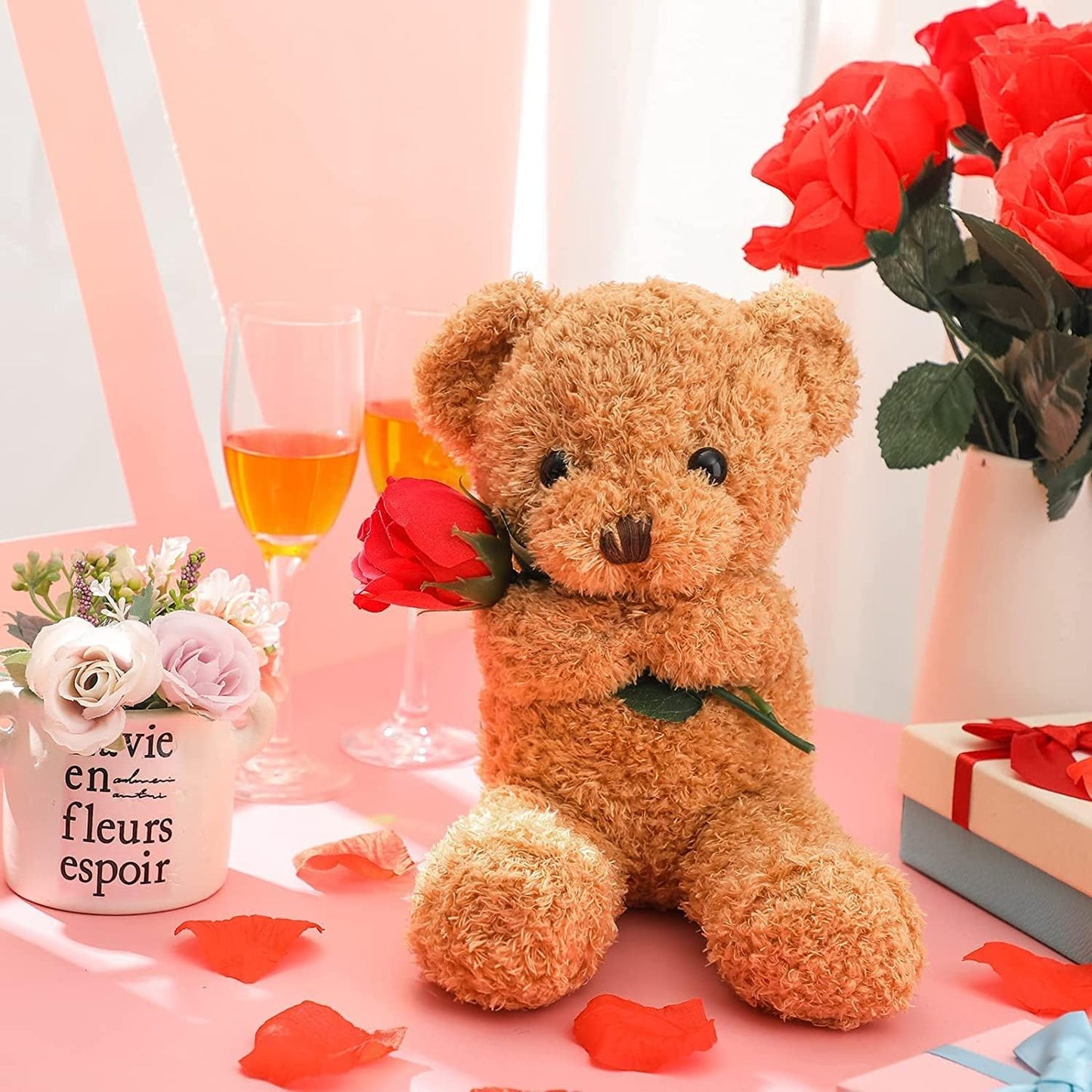 Plush Stuffed Animal Bear with Rose Funny Cute Stuffed Animal Plush Valentine's Day Gifts for Kids Toddler Girlfriend Mother's Day, 11.8 Inches (Brown)
