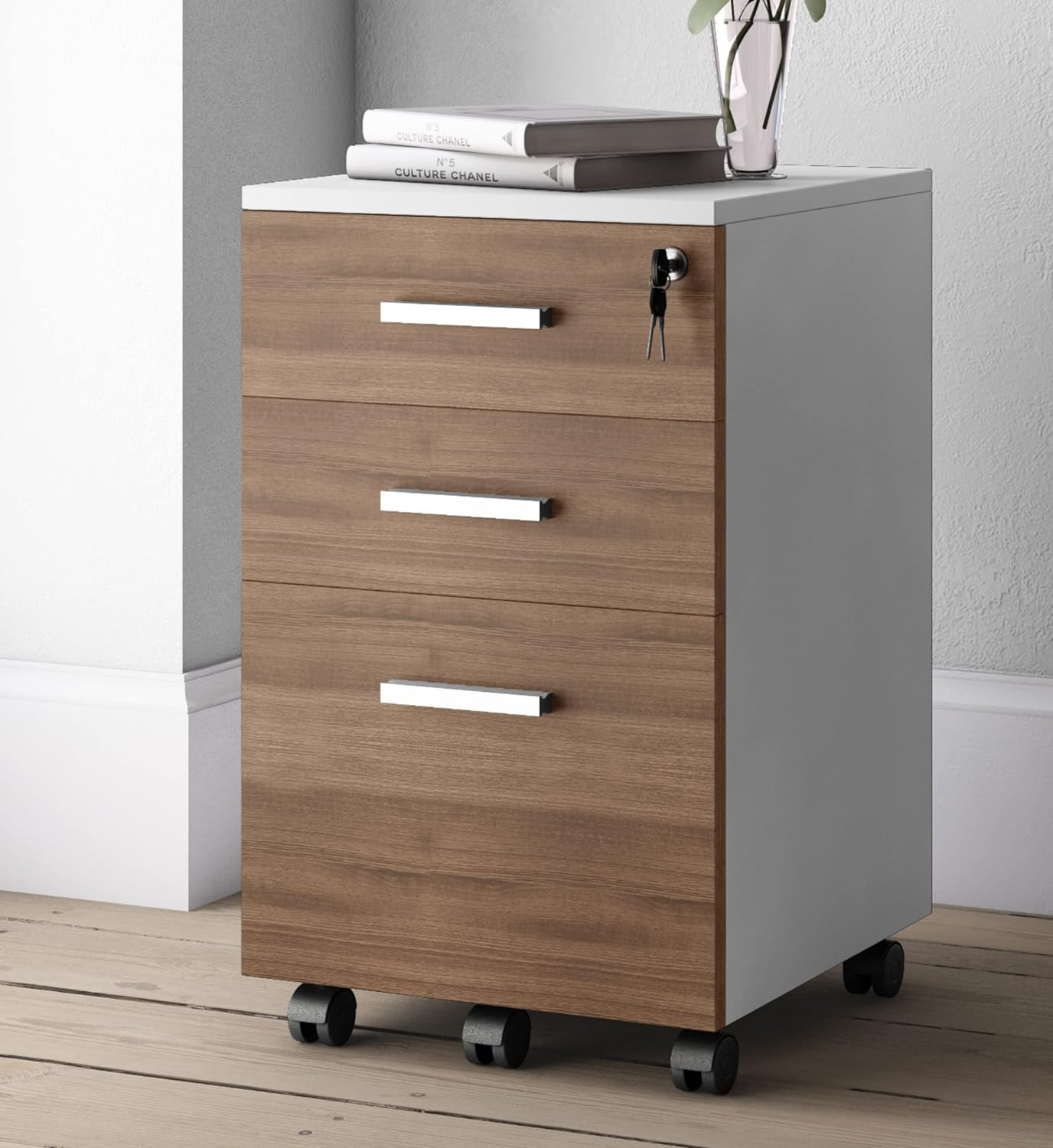 Lazio File Cabinet with Lock - Filing Cabinet for Home and Office - 3 Drawer File Cabinet with Wheels for A4 Sized Letters/Documents, Legal Sized Documents, Hanging File Folders (Cass Walnut/Black)