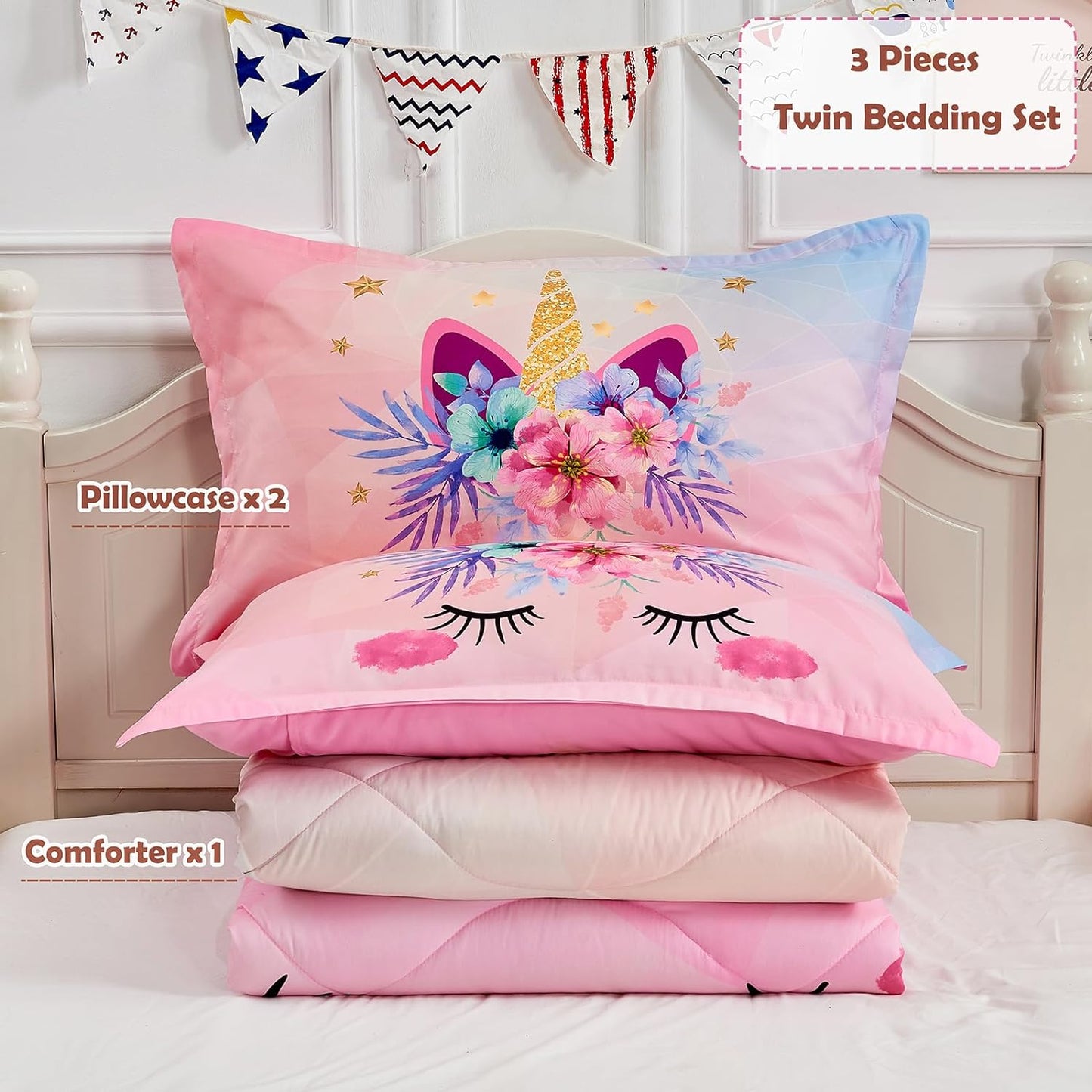 KINBEDY 4 Piece Unicorn Toddler Bedding Sets for Girls Pink Floral Cartoon Bed Sheets Toddler Bed Comforter Set for Baby Girls Bedroom Set | Include Comforter, Flat Sheet, Fitted Sheet, Pillowcase