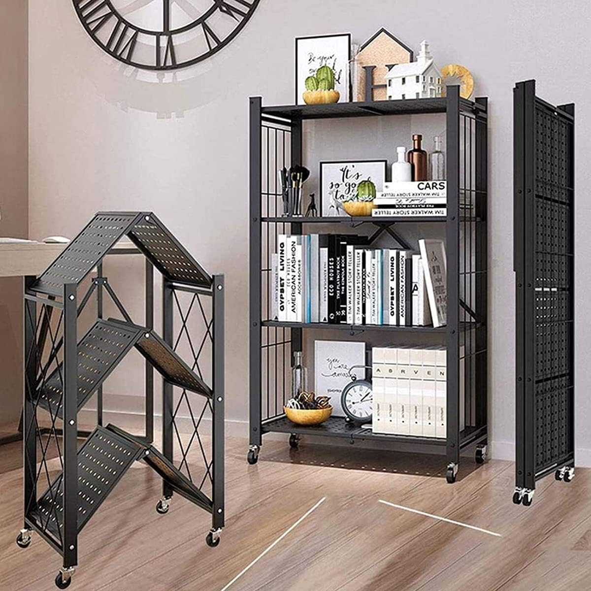 SKY-TOUCH Foldable Storage Organizer 5 Tier, Storage Shelves Kitchen Cabinet Storage Rack, Shelf Storage Multipurpose Rack for Living Room Bedroom Kitchen Garage Black 35x72x160.5cm