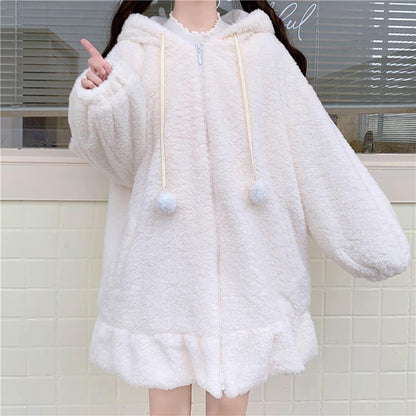 Women Cute Bunny Ear Long Sleeve Fuzzy Fluffy Rabbit Tops Sweatshirt Hoodie Jacket Coats