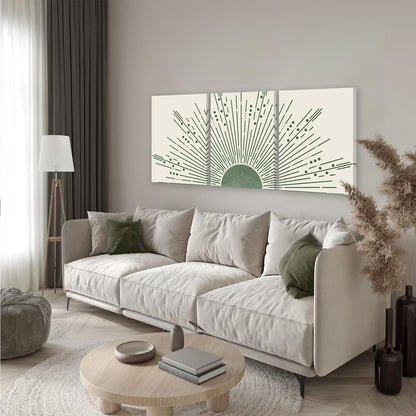 KBKBART Sage Green Boho Wall Art Set of 3, Minimalist Framed Geometric Line Leaf Sun Moon Beige Canvas Artwork Paintings, Abstract Botanical Room Decor, Posters & Prints