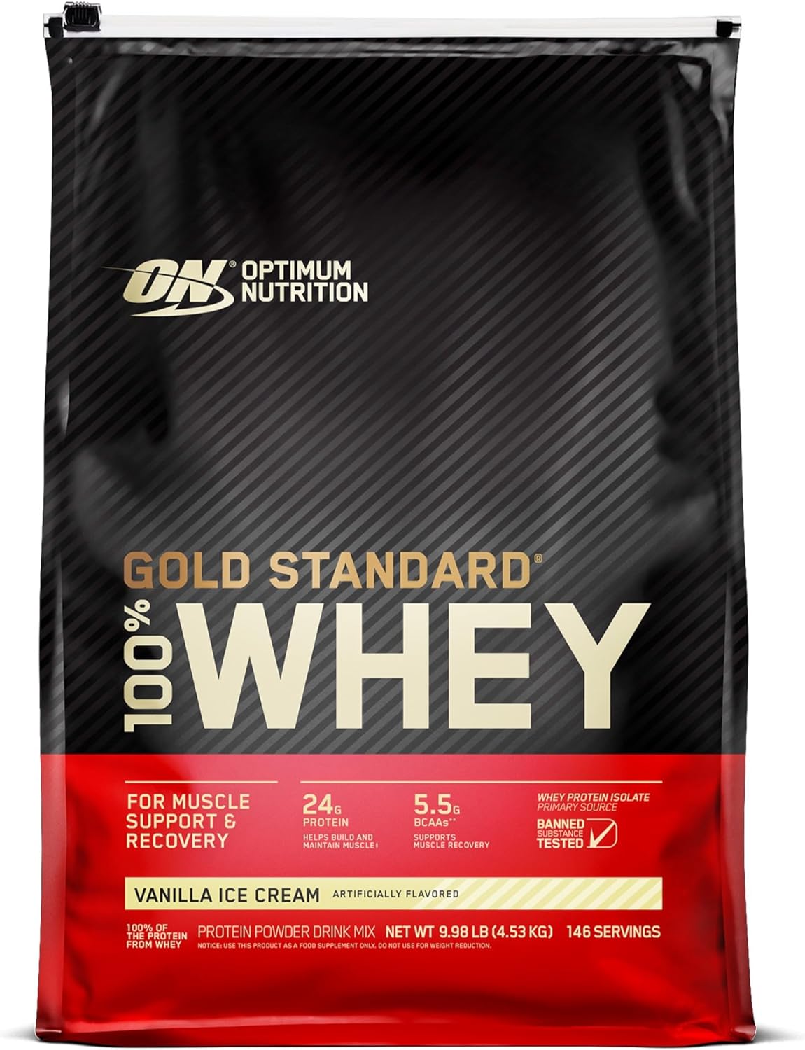 Optimum Nutrition (ON) Gold Standard 100% Whey Protein Powder Primary Source Isolate, 24 Grams of Protein for Muscle Support and Recovery - Delicious Strawberry, 10 Lbs, 146 Servings (4.53 KG)