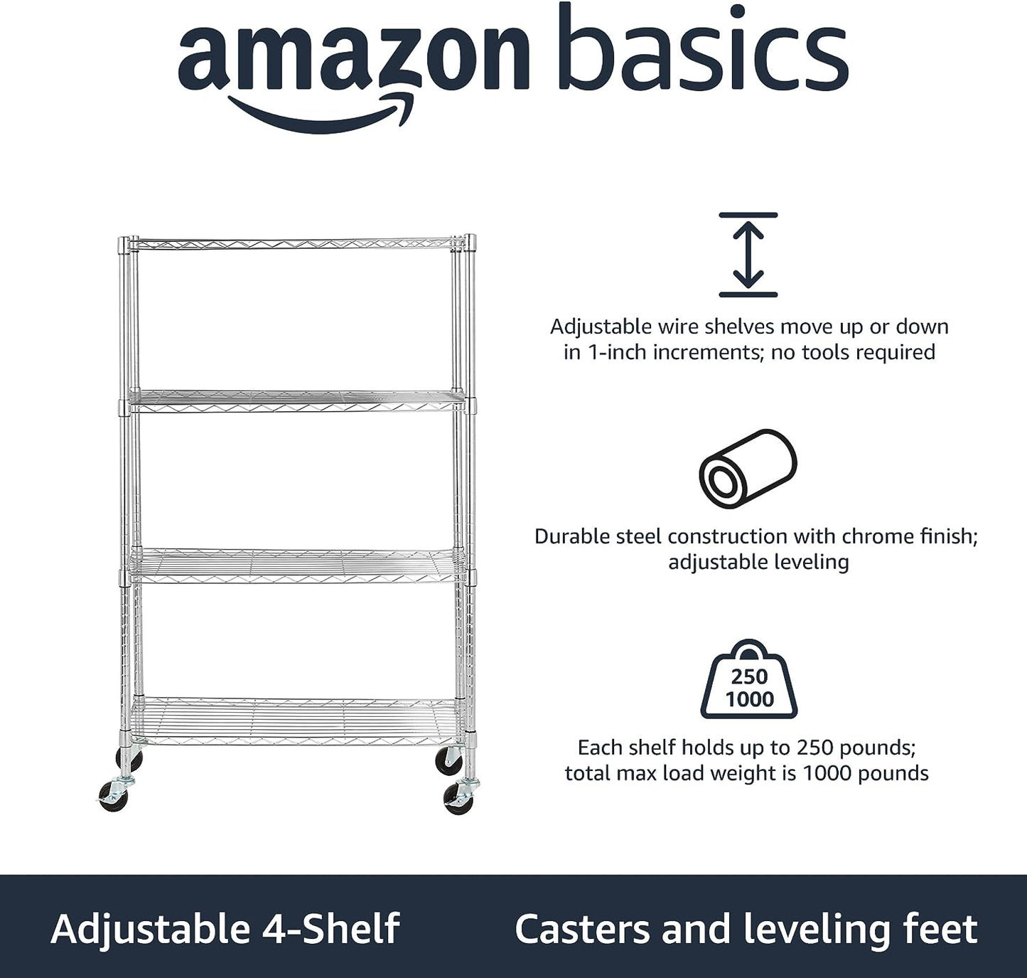 Amazon Basics 5-Shelf Adjustable, Heavy Duty Storage Shelving Unit (158.5 kgs loading capacity per shelf), Steel Organizer Wire Rack, Black (91.4 x 35.5 x 182.8 cm)