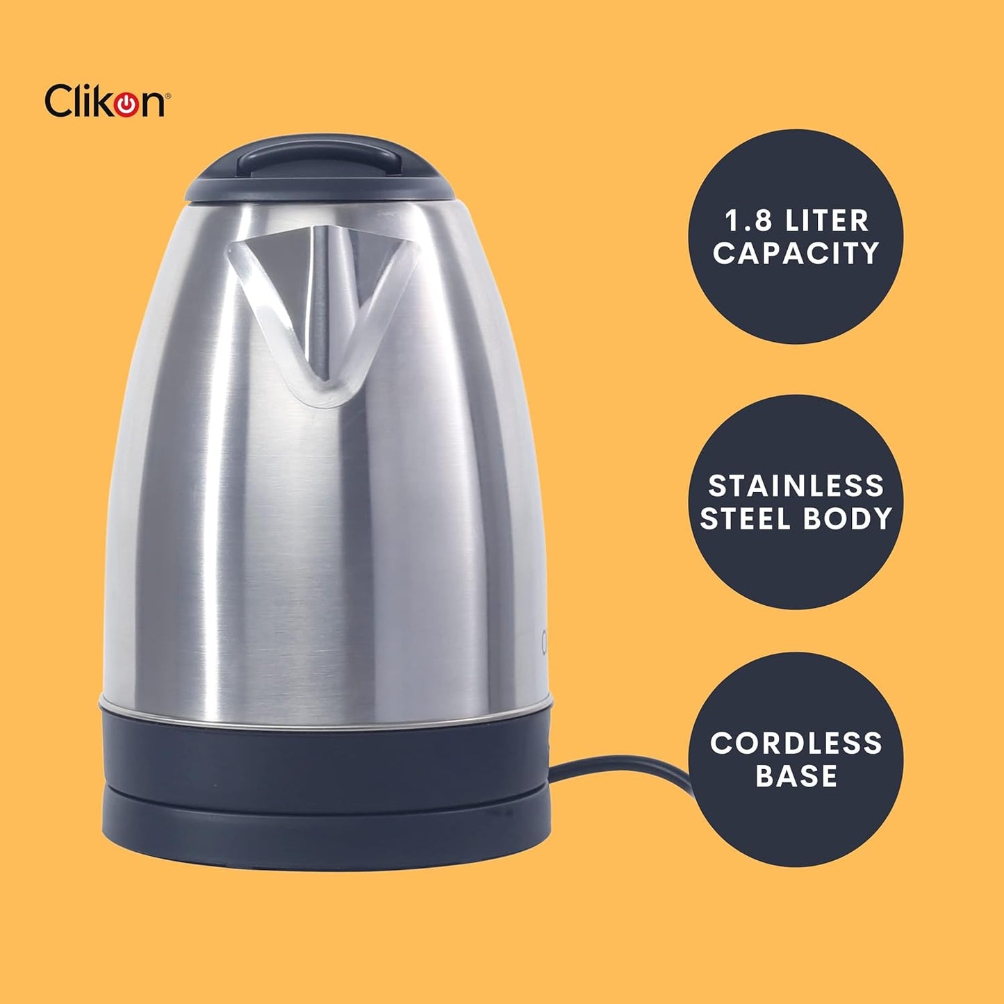 Clikon – 1.8 Liter Glass Body Electric Cordless Kettle with 360° Swivel Base, Power Cord Storage, Auto Cut-off Function, LED Indicator, 1500 Watts, 2 Years Warranty, Clear - CK5138