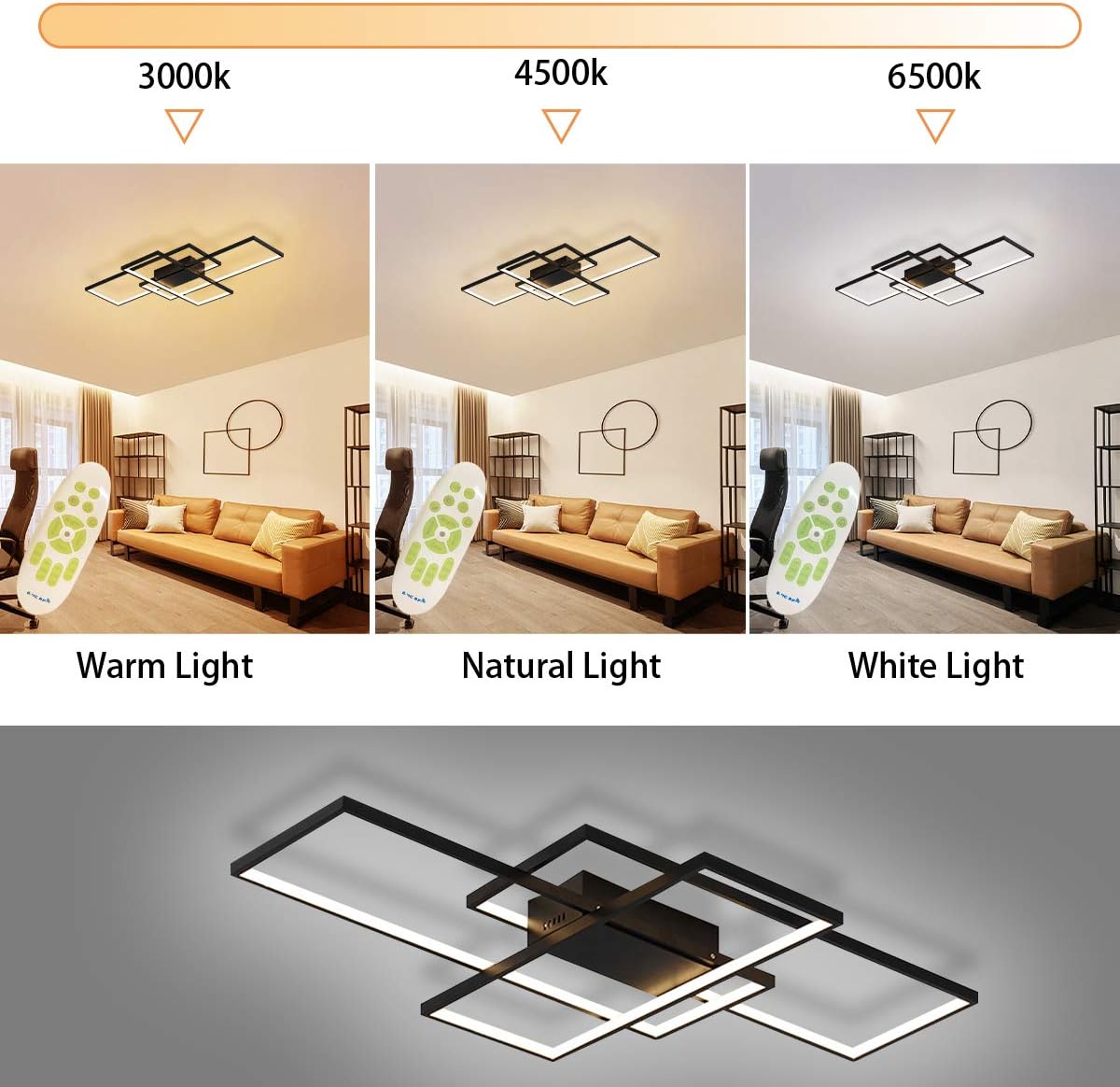 Jaycomey Dimmable Square LED Ceiling Lights, Ceiling Modern Light Acrylic Flush Mount Ceiling Lamps with Remote Control, 50W Black Ceiling Light Fixture for Living Dining Room Bedroom Kitchen