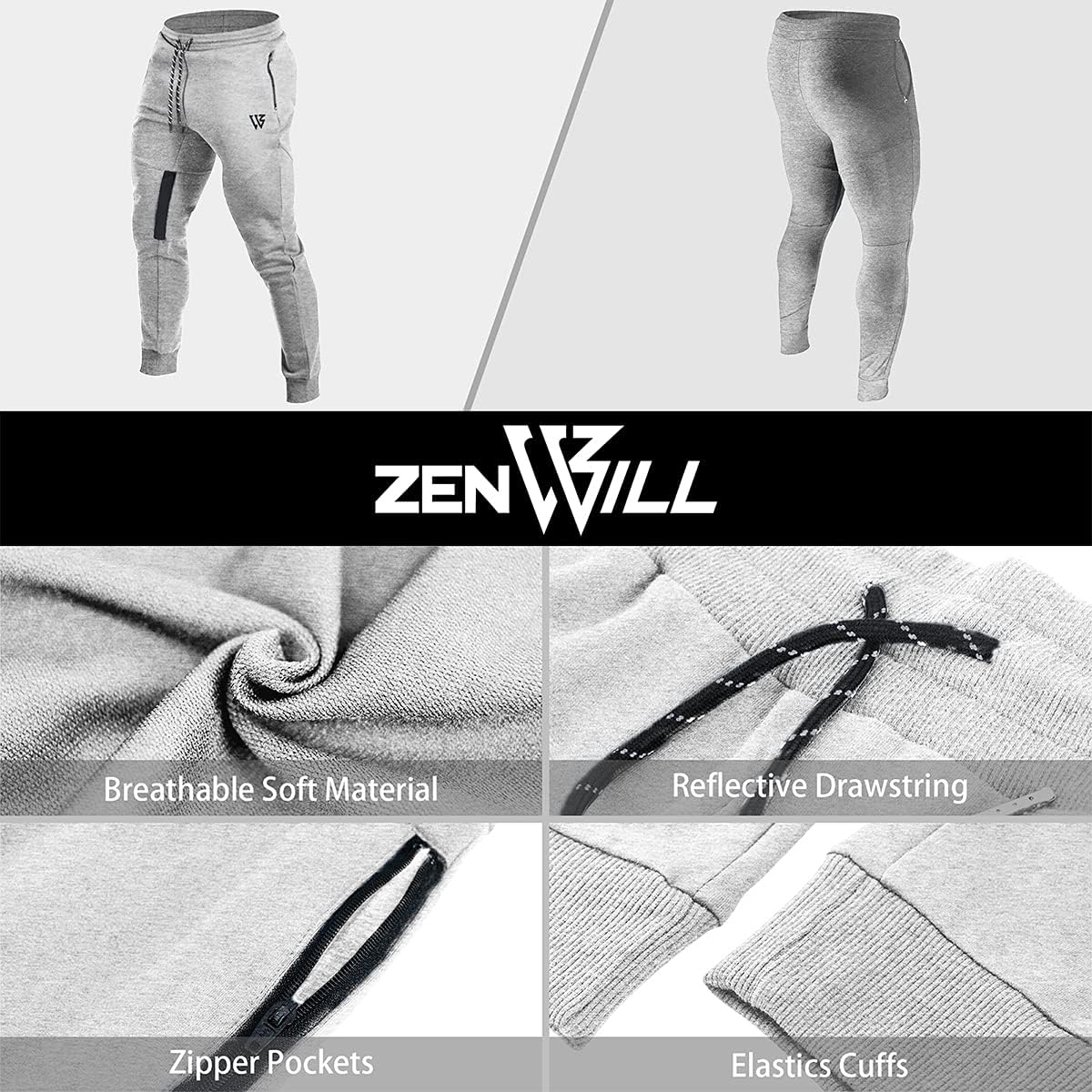 ZENWILL Mens Tapered Workout Track Pants, Slim Fit Gym Jogger Sweatpants, Casual Athletic Trousers with Zip Pockets