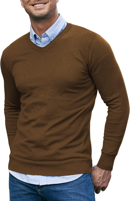 Coofandy Men Casual V Neck Sweater Ribbed Knit Slim Fit Long Sleeve Pullover Top