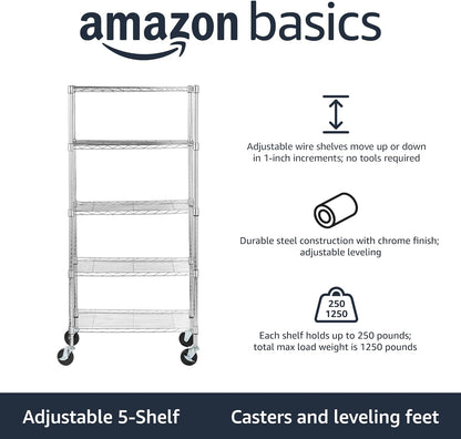 Amazon Basics 5-Shelf Adjustable, Heavy Duty Storage Shelving Unit (158.5 kgs loading capacity per shelf), Steel Organizer Wire Rack, Black (91.4 x 35.5 x 182.8 cm)