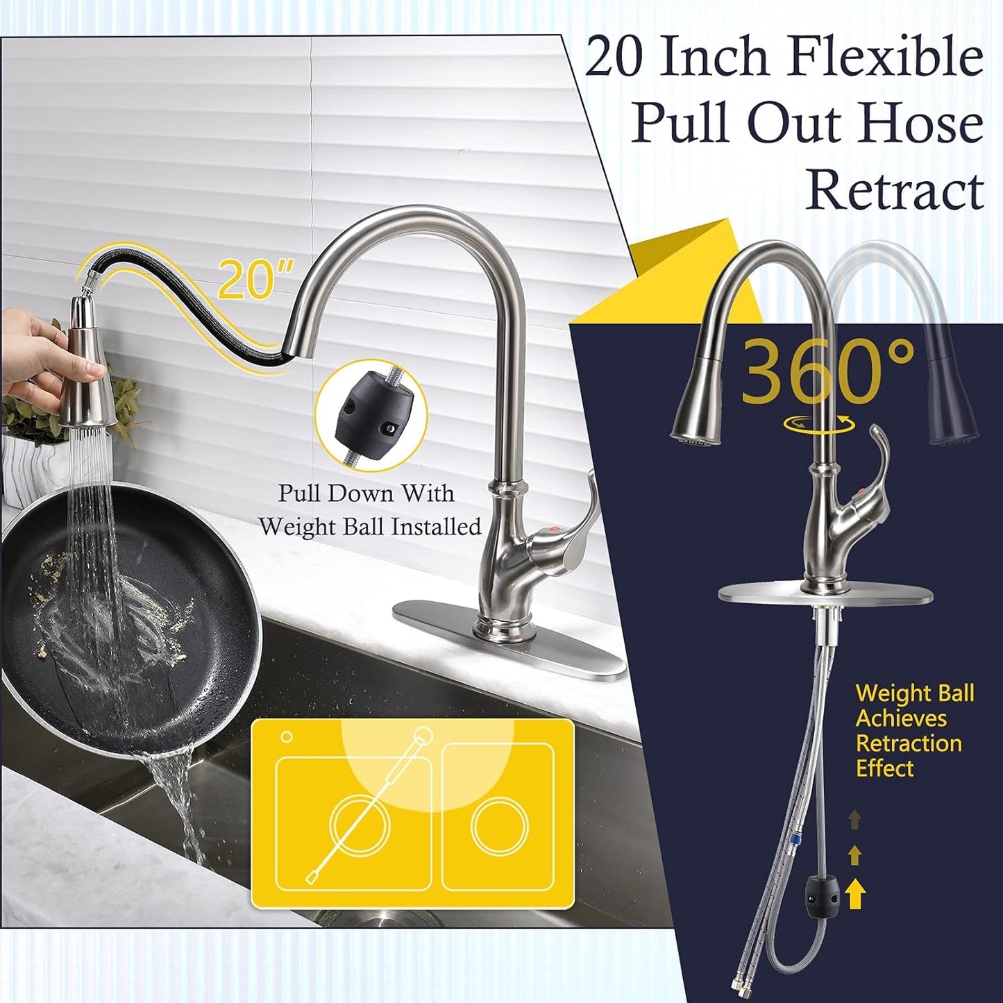 APPASO Kitchen Faucet with Pull Down Sprayer - Single Handle One Hole High Arc Pull Out Kitchen Sink Faucets with Deck Plate, Brushed Nickel, APS220BN