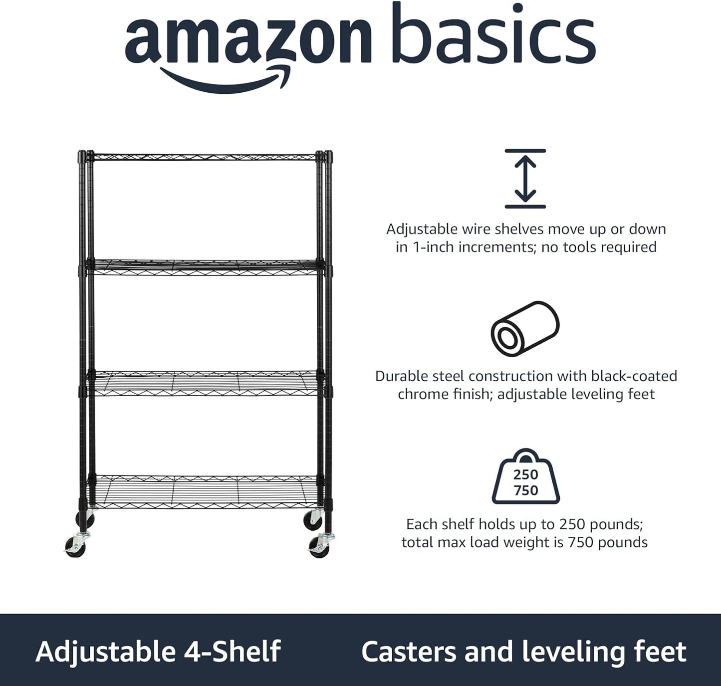 Amazon Basics 5-Shelf Adjustable, Heavy Duty Storage Shelving Unit (158.5 kgs loading capacity per shelf), Steel Organizer Wire Rack, Black (91.4 x 35.5 x 182.8 cm)