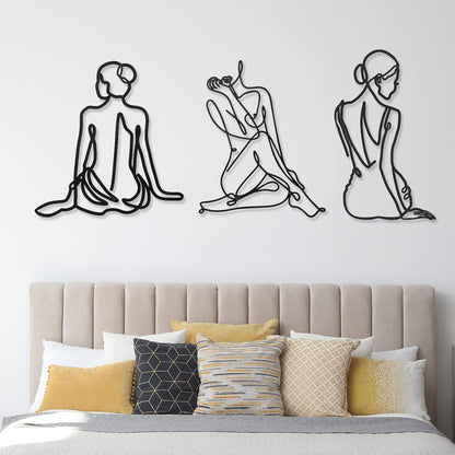 3 Pcs Metal Wall Art Decor Minimalist Abstract Woman Wall Art metal Modern Line Drawing Wall Art Decor Female Single Line Wall Home Hanging for Bedroom Kitchen Bathroom Living Room(Black, Modern)