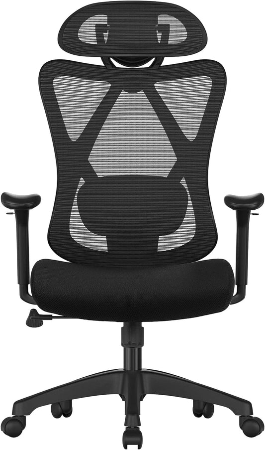 SONGMICS Office Chair, Ergonomic Desk Chair, Computer Chair, Mesh Chair, Adjustable Lumbar Support and Headrest, 150 kg, Height-Adjustable, Black OBN063B01