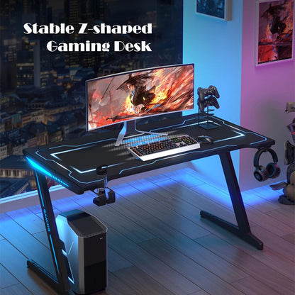 Smilee RGB Gaming Table, Professional Computer Desk with Carbon Fiber Surface, Mouse Pad, Headphone Hook and Cup Holder, 120x60cm