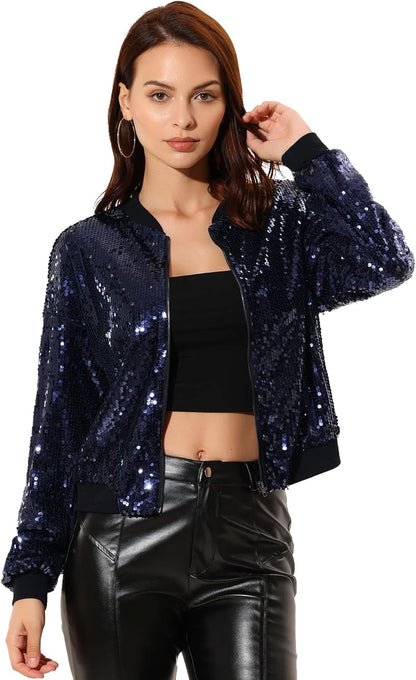 Allegra K Women's Halloween Sequin Sparkle Long Sleeve Zipper Bomber Jacket