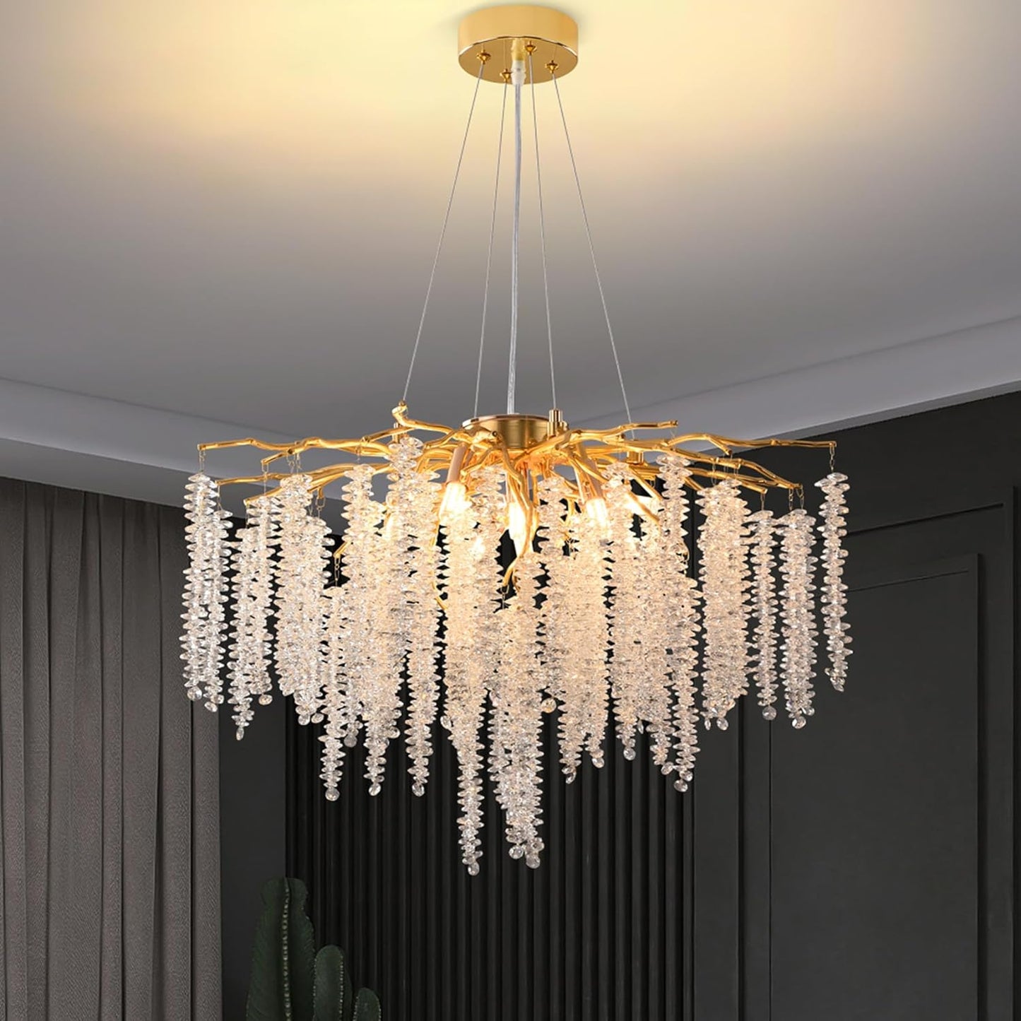 Puvaue Modern Crystal Tree Branches Chandeliers Gold Luxury Round Raindrop Pendant Light Fixture 9 Light Tassel Ceiling Hanging Light for Dining Room Bedroom Living Room Entryway 23.7"