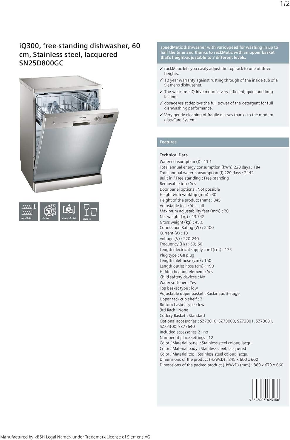 Siemens 5 Programs 12 Place Settings, Free Standing Dishwasher, Silver Sn25D800Gc."Min 1 year manufacturer warranty\