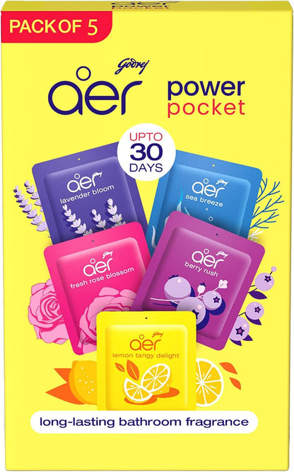 Godrej aer Power Pocket Air Freshener- Bathroom And Toilet Lasts Up To 30 Days Assorted Pack Of 5 (50G), Multicolour, 40017848