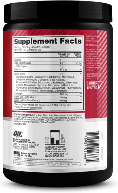 Optimum Nutrition (ON) Amino Energy - Pre Workout With Green Tea, Bcaa, Amino Acids, Keto Friendly, Green Coffee Extract, 0 Grams of Sugar, Anytime Energy Powder - Watermelon, 270 G, 30 Servings