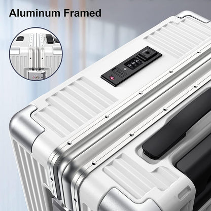 O9 o-Nine 20" Travel Luggage Carry On Luggage with Spinner Wheels,Aluminum Framed Carry On Suitcase with Front Open Laptop Compartment/Pocket (White, Carry on 20 inch)