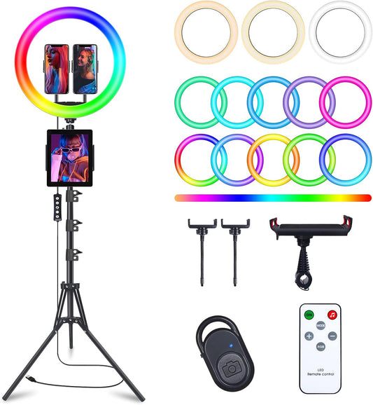 13" Selfie Ring Light with 63" Tripod Stand & 3 Phone Holder, LED Camera Ringlight with 48 RGB Colors Modes & Musical Rhythm Mode and 12 Brightness Dimmable for Makeup/Photography/Videos/Vlog/TikTok