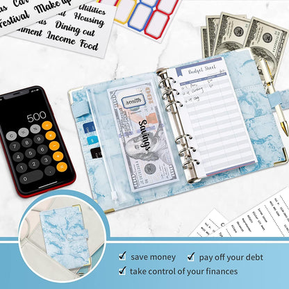 MATHARAGO Budget Binder, Cash Envelopes for Budgeting, Money Organizer for Cash, 12Pcs Budget Binder with Cash Envelopes, Marble 6-Ring Money Saving Binder(Marble-Grey)