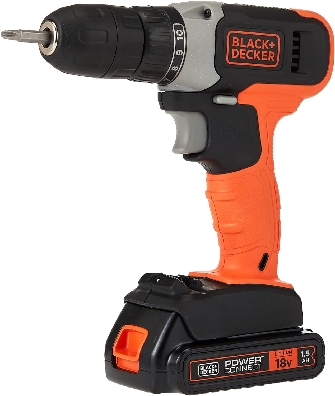 BLACK+DECKER cordless drill driver with battery & kitbox, 18v, 1.5ah li-ion + 108 pieces hand tools kit - bcd001c1mea2-gb