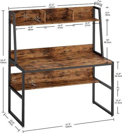 RoyalPolar Computer Desk with Storage Shelves 47'' Office Desk with Hutch Industrial Writing Desk Modern PC Laptop Wood Study Table for Home Office Retro Brown (120CM)