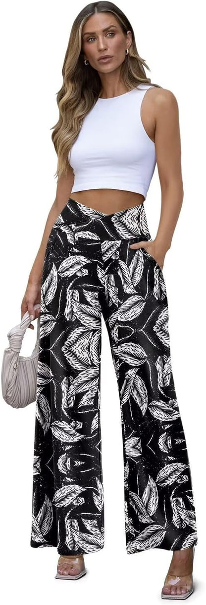 JZC Women's Wide Leg Casual Pants Cross Waist Palazzo Lounge Pajama Flowy Pants Yoga Sweatpants with Pockets