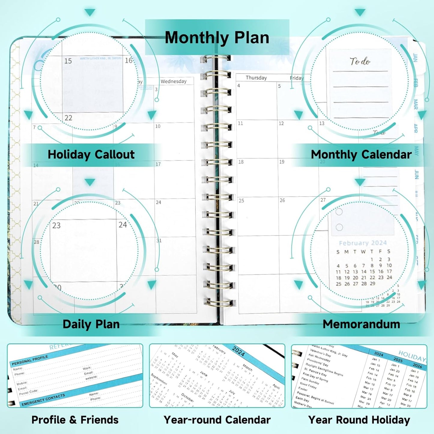 2024 Planner, Undated Weekly & Monthly Life Planner to Hit Your Goals & Live Happier, 12 Months Academic Daily Planner, Appointment Book, Yearly Agenda Productivity for Women & Men A5 (Green Flower)